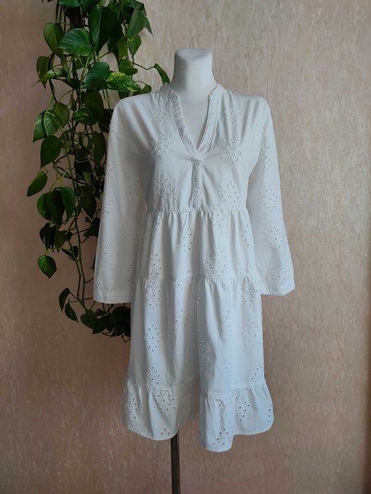 NOWA biała bawełniana sukienka haft rękaw 3/4 boho 40 L John Baner