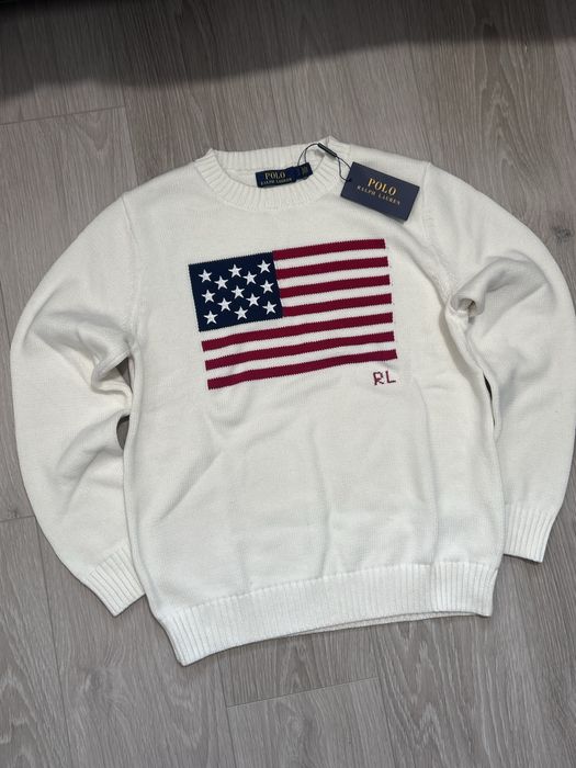 Damski Sweter Ralph Lauren z flagą USA | rozmiar M bialy