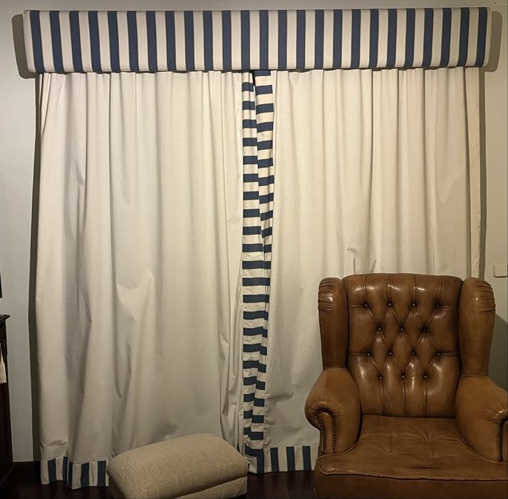 Sanefas riscas azul e cru
