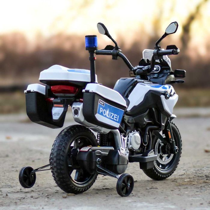 Duży motor na akumulator POLICJA F850 2x45W miękkie koła kogut