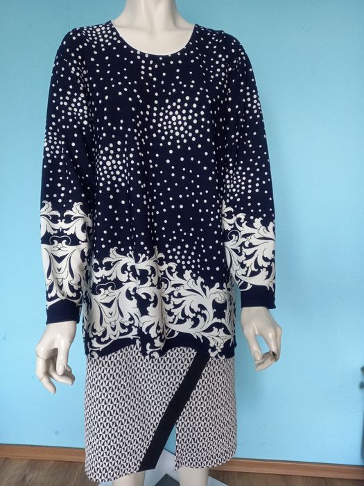 Bluzka XXXL granat biały 46 długi rękaw kropki kwiatki