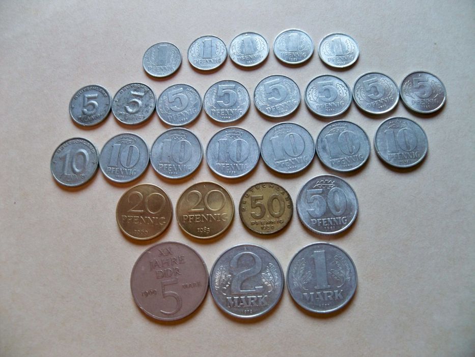 Монеты ГДР 1949-1982гг 1  5  10  20  50 пфеннигов, 1, 2, 5марок