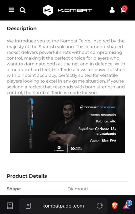 Raquete padel KOMBAT TEIDE com garantia