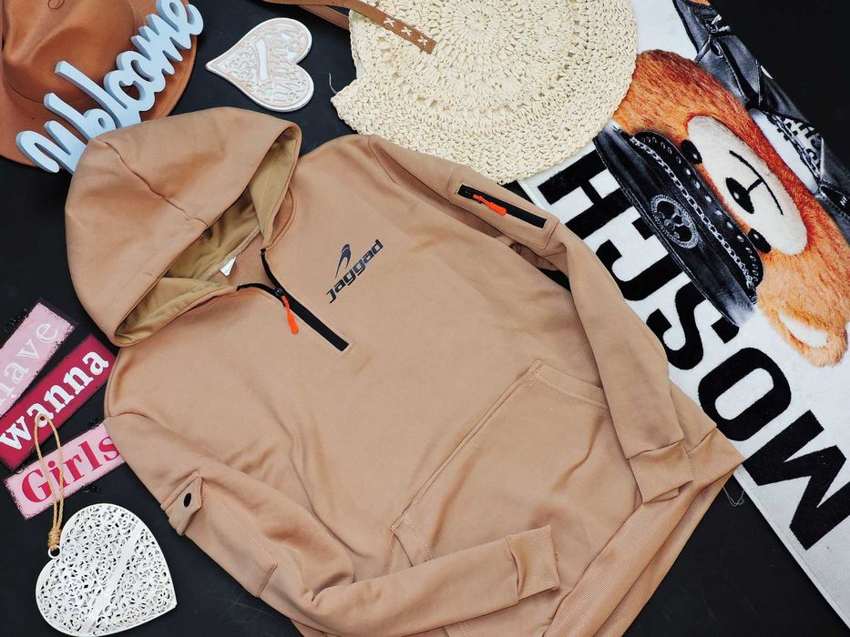 Fashion Męska ocieplana karmelowa bluza kieszonki zamek M