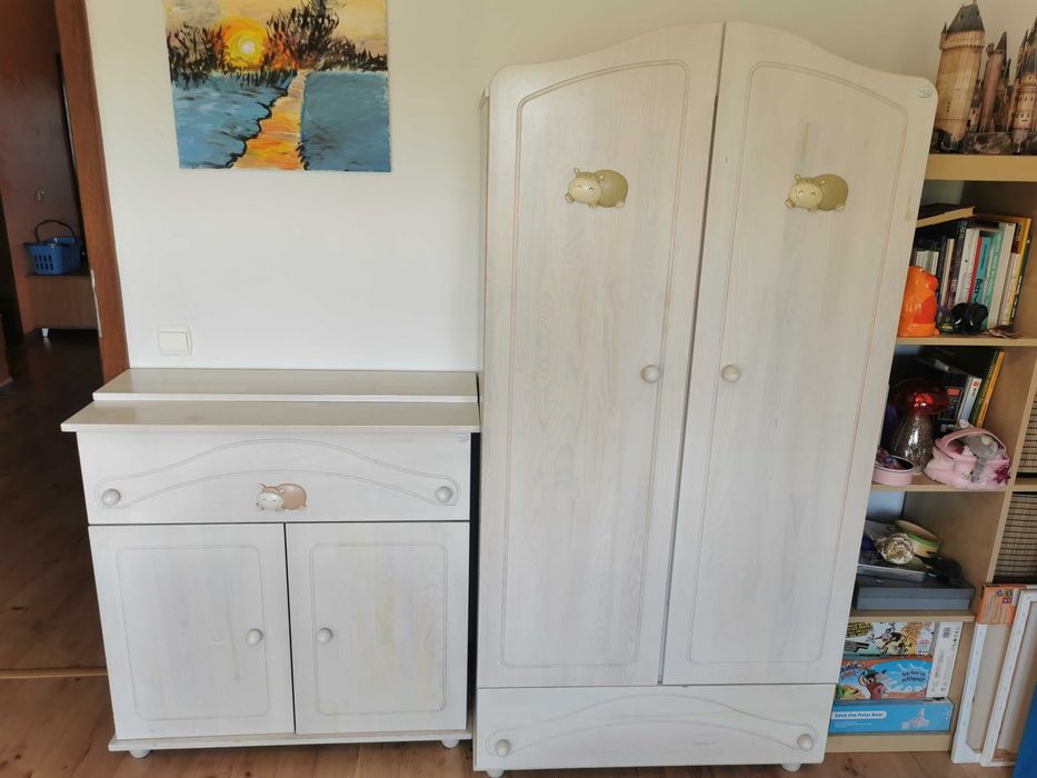 Solidna DREWNIANA szafa z komodą + przewijak, biały zadbany komplet