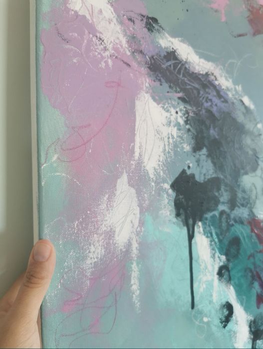 Quadro em tela original em acrílico, tons verde e rosa