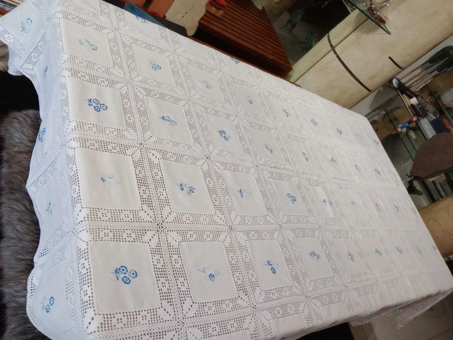 Antiguidades Toalha Luxo Linho Puro, artesanal Med. 2,20 X 1,60 Metros