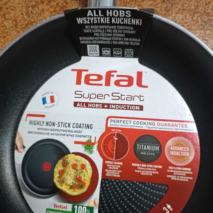 NOWY Markowy Kom TEFAL Patelnia 24 Cm INDUKCJA + Kom Noży OKAZJA