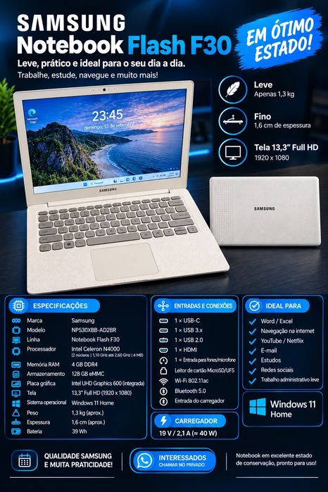 Samsung Notebook Flash F30 (Windows 11) — Como Novo