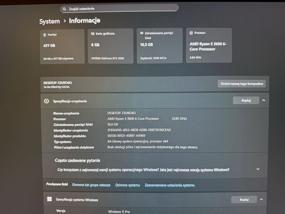 Komputer gamingowy Ryzen 5 3600/16GB RAM/RTX 3050 OC/SSD 512GB/3l gw.