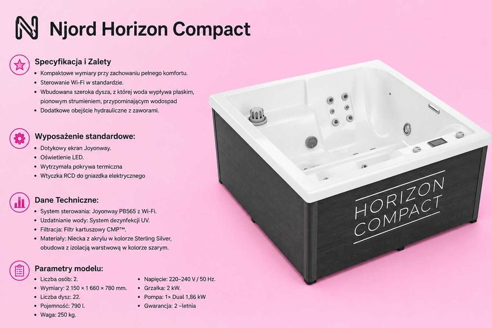 Wanna spa jacuzzi Horizon Compact, Wifi, 2 leżanki, 18 dysz hydromasażu, 220V
