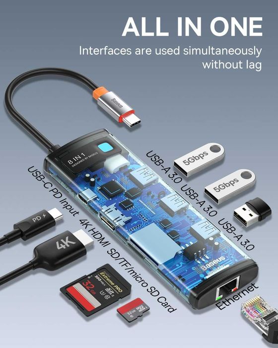 Adapter BASEUS Hub 8w1 Metal Gleam CAHUB-CV0G USB Typu C, Pasywny