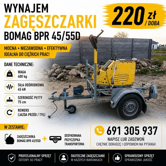 Wynajem zagęszczarka gruntu 80-400kg z przyczepką, młoty 3-42j i inne