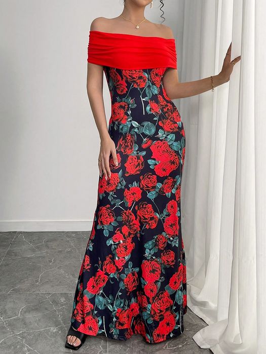 Sukienka Syrena W Róże Carmen Twist Maxi Casual Shein M 38