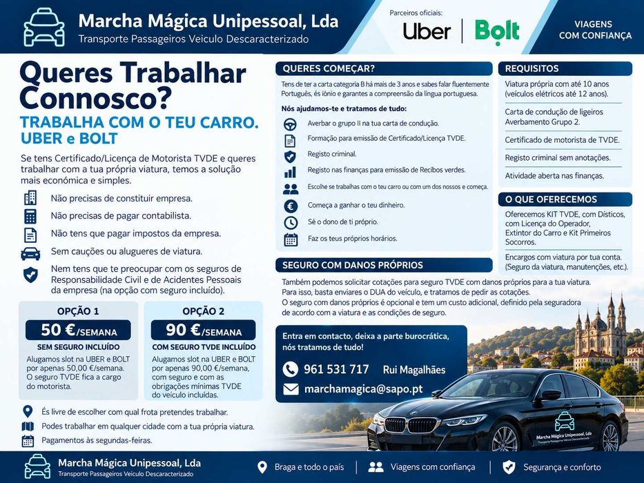 TVDE UBER & BOLT | TRABALHA COM O TEU CARRO | DESDE 50€/SEMANA