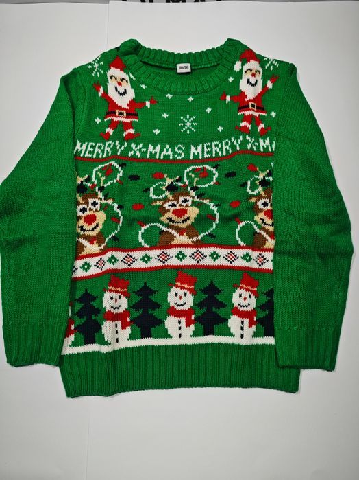 Świąteczny Sweter Dziecięcy Zielony Rudolf Bałwan Choinka 122/128