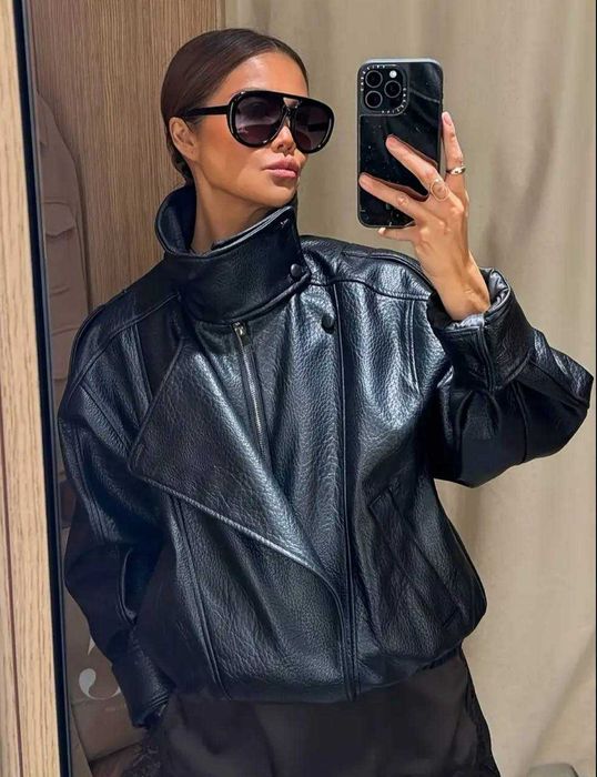 Трендова шкіряна оверсайз косуха Заra, шкіряна куртка, шкіряний бомбер