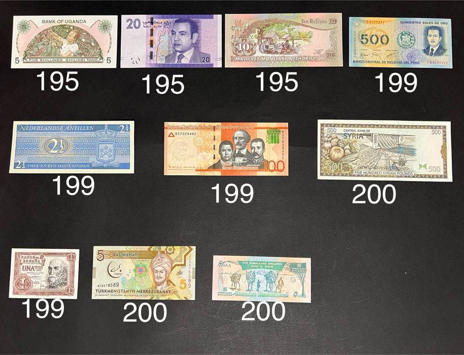 Банкноти купюри країн світу вартістю від 150 до 200 грн