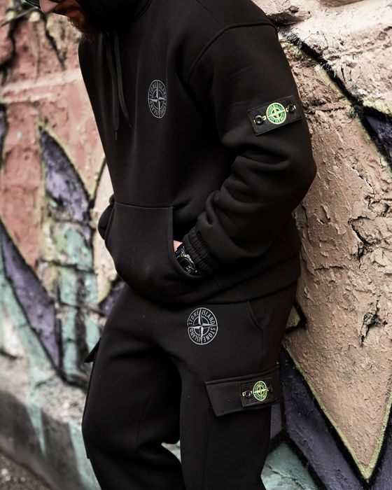 чоловічий спортивний костюм на флісі чорний/Комплект худі штани зима