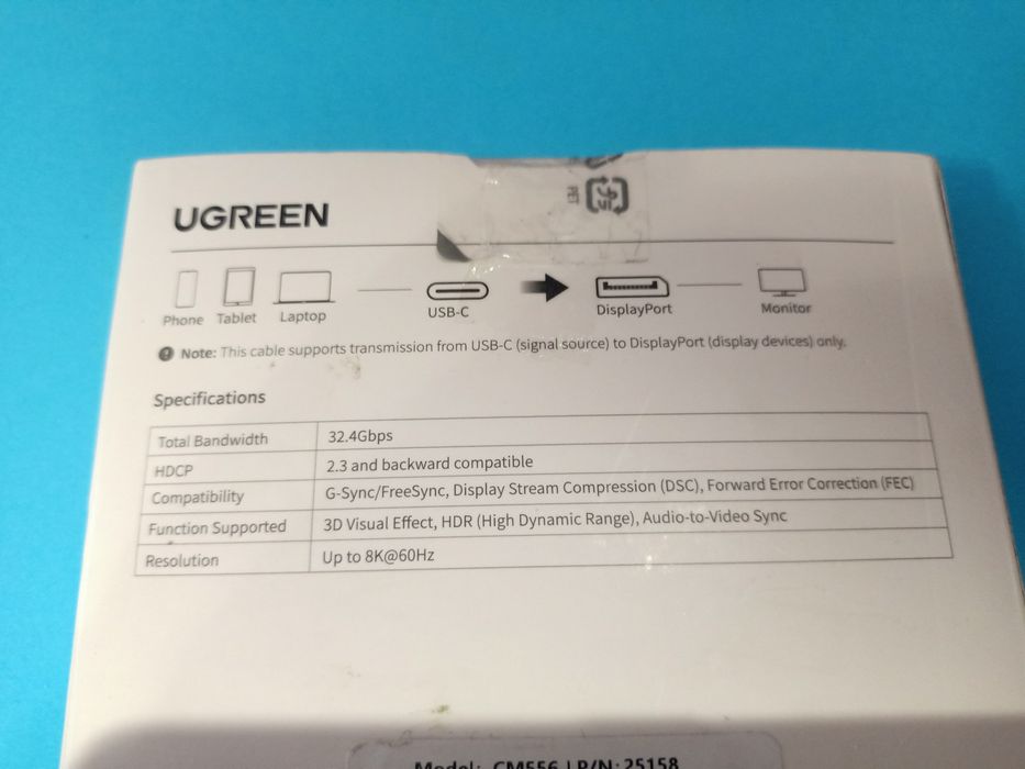 Кабель DisplayPort UGREEN CM556 USB C to DisplayPort 1.4 для iPhone 16,15 Macbook Pro iPad Compatible Thunderbolt 3/4 8K 60Hz 32.4Gbps VRR 2м Black