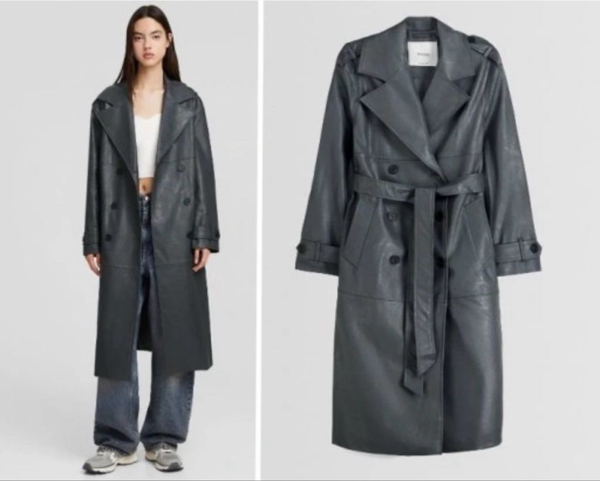 BERSHKA trencz prochowiec NOWY szary skóra eko długi skórzany XS/34