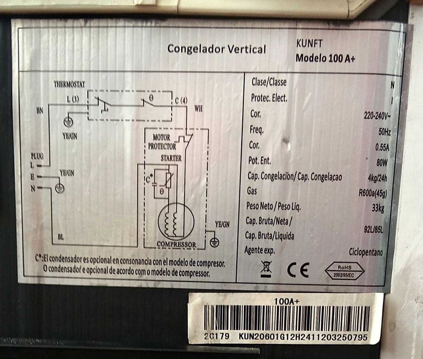 Arca Congeladora Vertical KUNFT 100 A+_ Sem Gavetas
