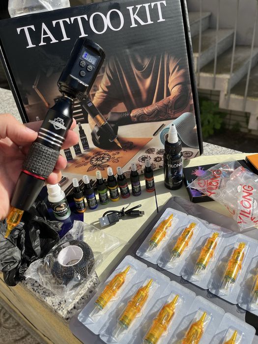 Kit Tatuagem Tattoo Pen Completo, C/ Pele Treino/Tintas/Agulhas/ Etc