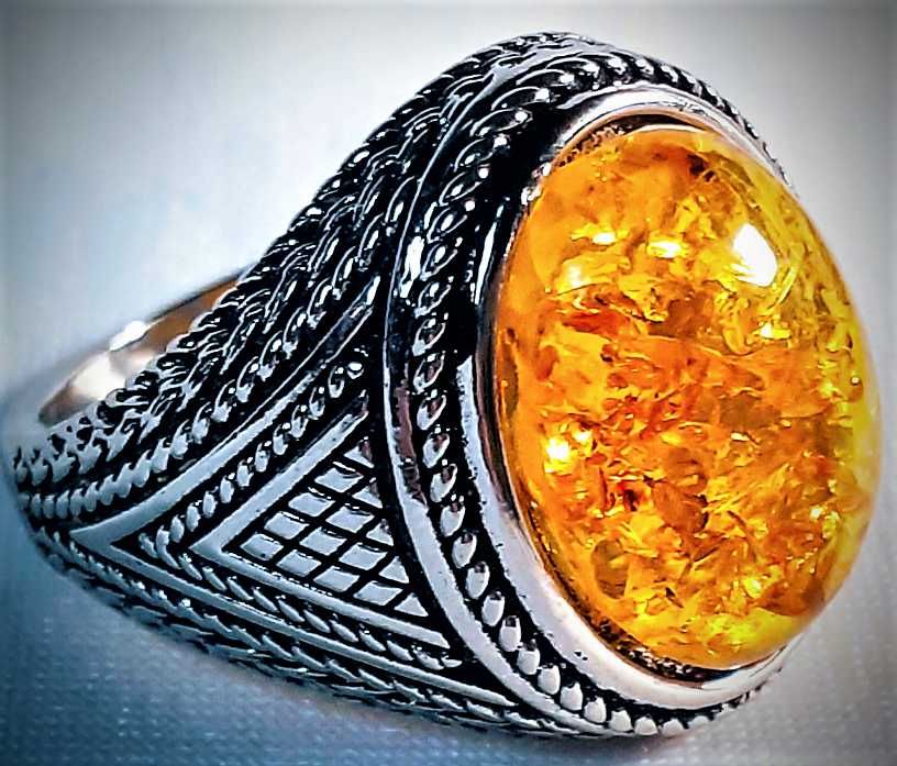 Bursztyn Sygnet-Pierścień Srebrzysty Grawer 20