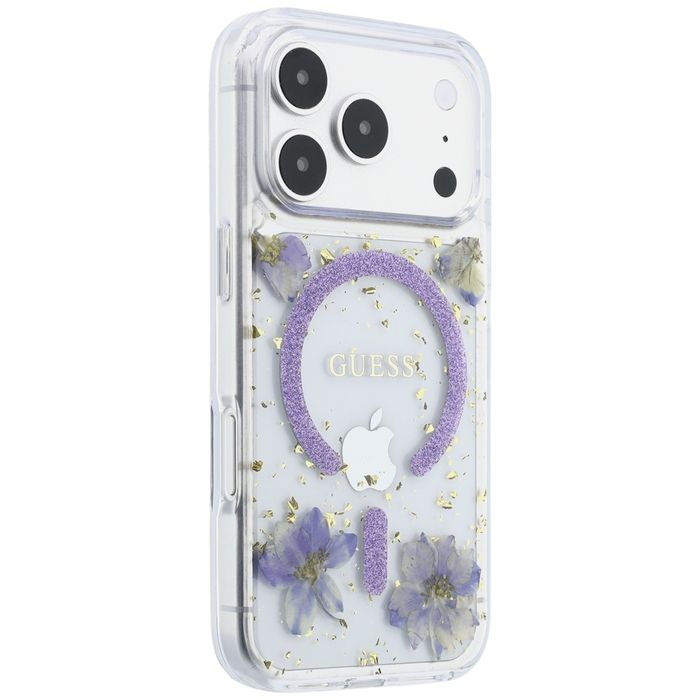Etui Guess Resin Flowers Glitter MagSafe do iPhone 18 Pro / 17 Pro fioletowy