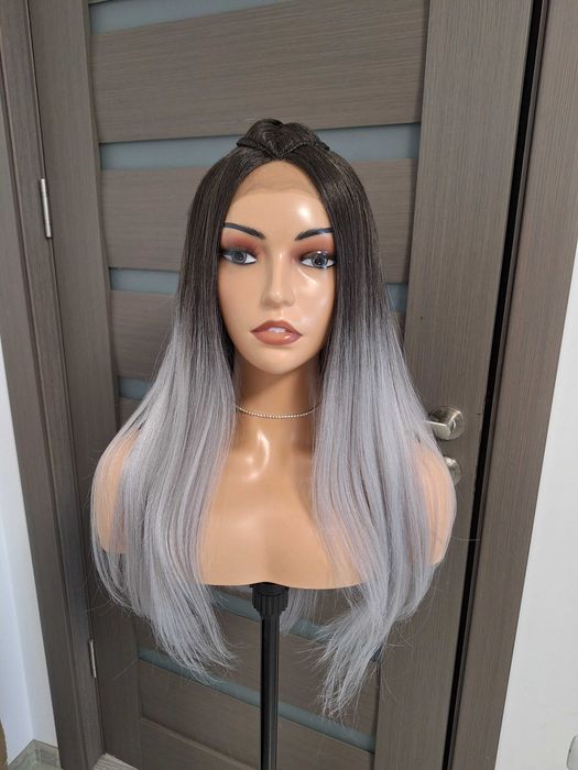 Peruca lisa de renda, loiro ombré com trança
