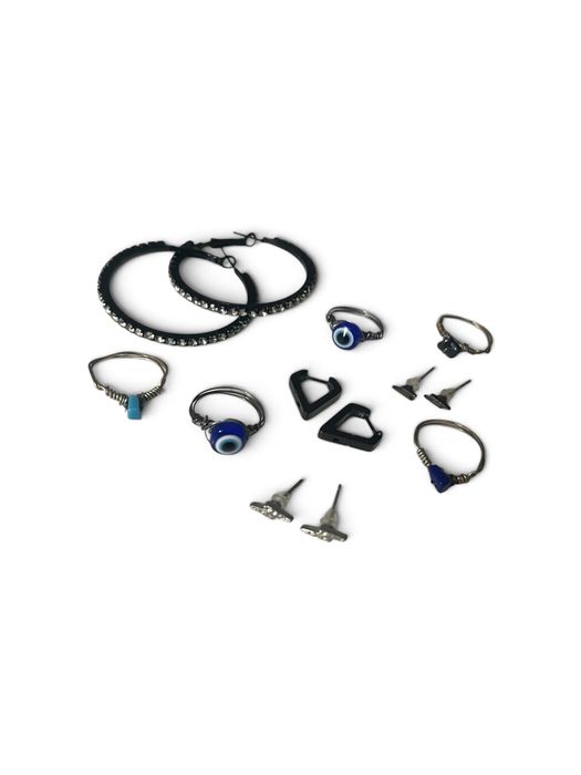 zestaw biżuterii kolczyki pierścionek niebieski czarny kamienie szlachetne witch craft handmade