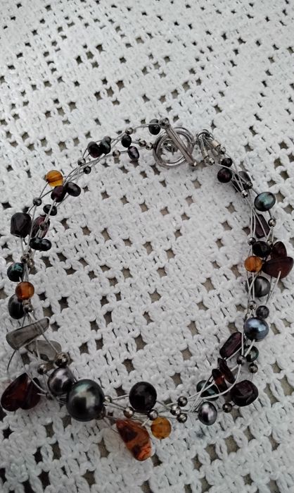 Srebrna bransoletka 925 perly bursztyny