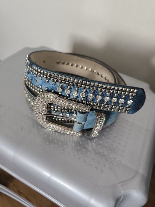 Croute De Cuir pasek damski niebieski kryształki ćwieki 85 aa'la jeans ozdobny