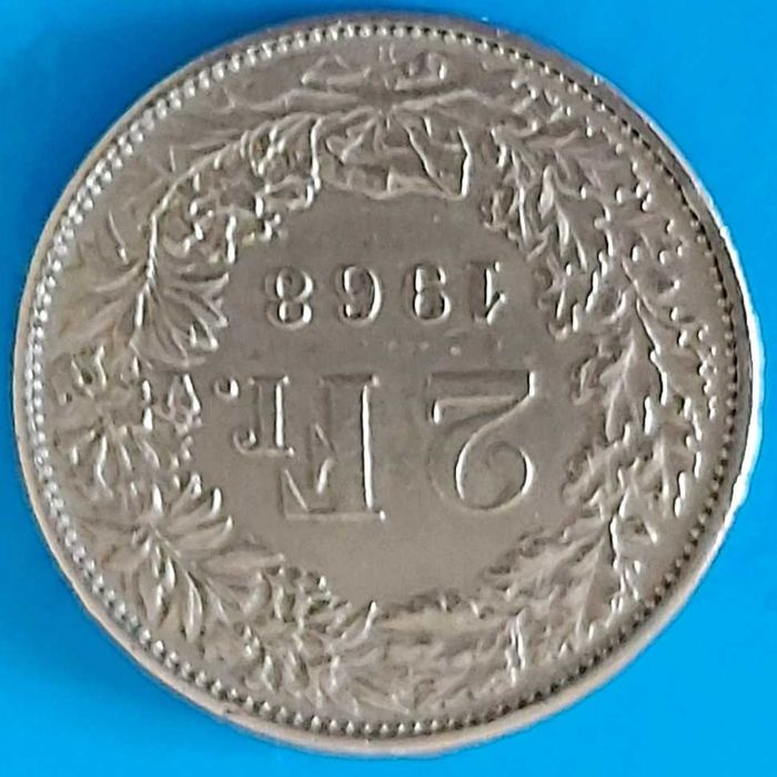 2 Francos de 1968 da Suíça com reverso invertido