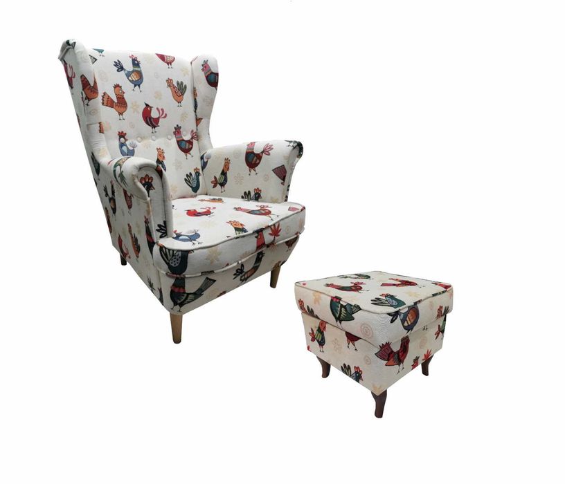 Zestaw fotel uszak + podnóżek hiszpańska tkanina wysyłka cała Polska