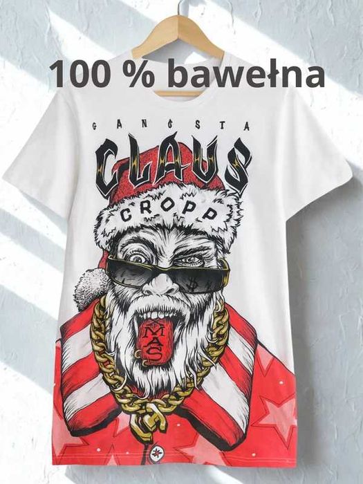 T shirt Cropp Gangsta Claus bialy swiateczny nowy L bawelna