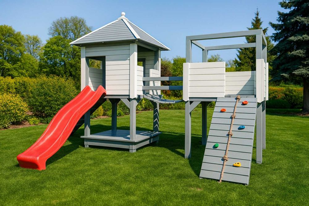 Plac zabaw drewniany domek, mostek, huśtawki, zjeżdżalnia