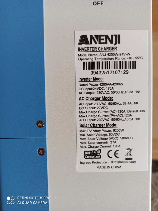 Inwerter Hybrydowy 24V Off-grid Anenji, 2 wyjścia 230V, 4200W WiFi MPPT 120A