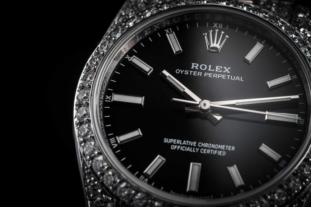 Zegarek Rolex Oyster Perpetual 34mm iced, czarna tarcza