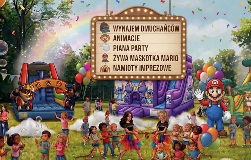 Dmuchańce | Piana Party | Animacje | Maskotka MARIO | Namioty | FONATNNA ISKIER