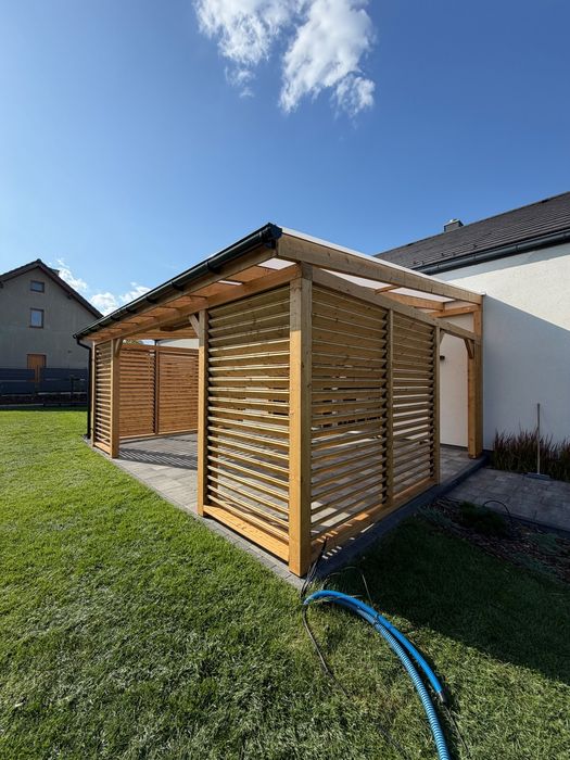 Zadaszenie tarasu z drewna • pergola • poliwęglan • blachodachówka