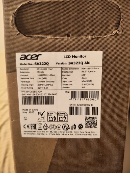 Monitor Acer 32” Full HD IPS – Como Novo, com Caixa Original