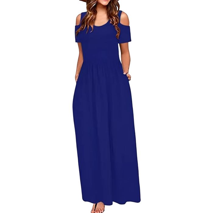 Sukienka maxi damska granatowa, cold shoulder, kieszenie, XXL