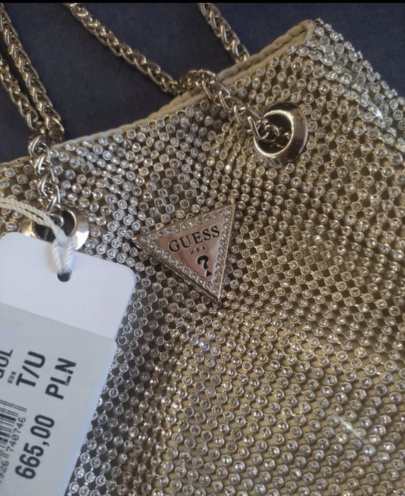 Torebka damska mała GUESS złota kryształki cyrkonie worek
