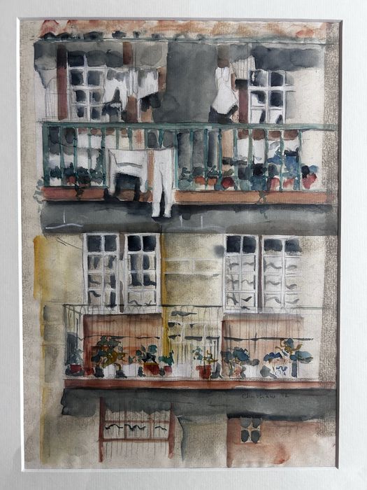 Quadro original em aquarela – Fachada com varandas e plantas