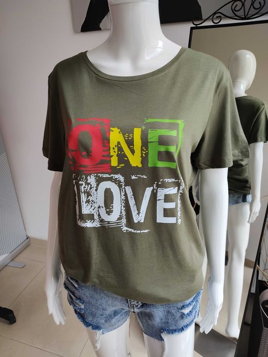 Wiskozowa koszulka "One Love" - oliwkowy L