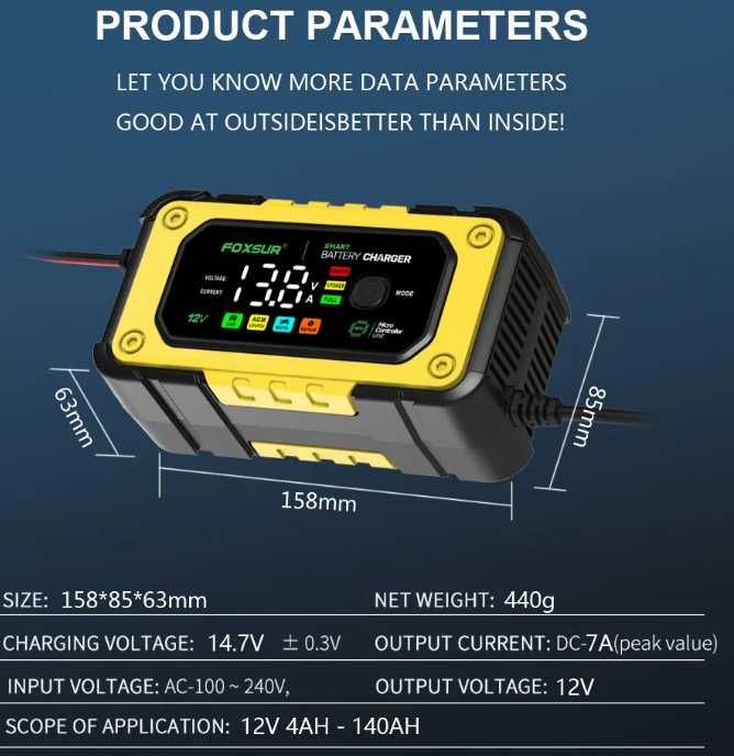 універсальний зарядний пристрій NEW FOXSUR 12V 7A  заряджає LiFePO4...