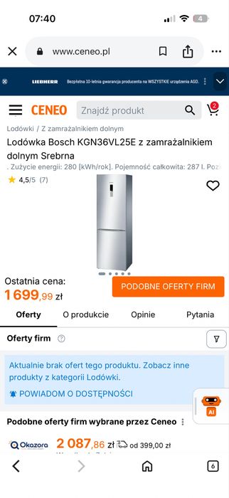 Lodówka Bosch KGN36VL25E z zamrażalnikiem dolnym Srebrna