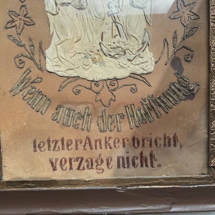 Stary obraz Wiara Miłość Nadzieja – Antyk, Haft, Punch Paper, XIX w.