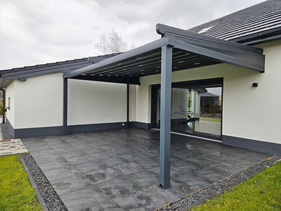 Aluminiowa pergola tarasowa 5x3 materiałowy otwierany dach na pilot